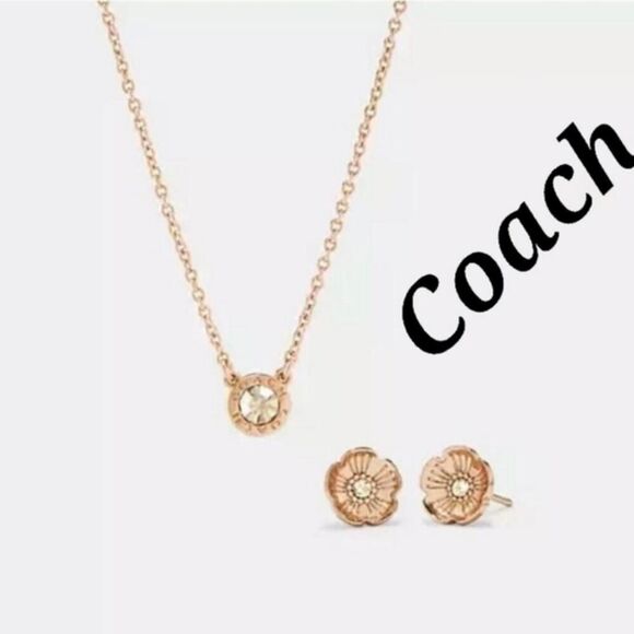 Coach Open Circle Necklace and Tea Rose Stud Earrings New - Picture 1 of 5